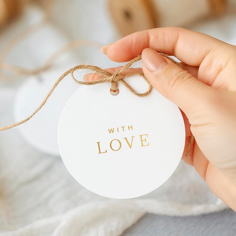 ThreeKin Collective with Love Thank You Gift Tags – 50 Pack Round White Tags with Gold Foil Lettering - Elegant Favor for Weddings, Birthdays, Baby Showers, Holidays - Image 2